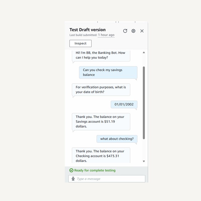 Amazon Lex Banking Chatbot Screenshot